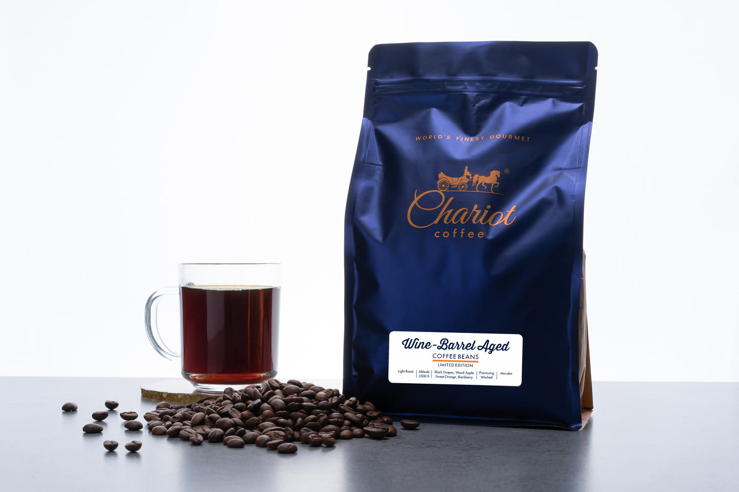 Wine Barrel Aged Medium Roast Coffee Beans (Sweet Orange, wood Apple, Black Grapes, Blackberry Jam)