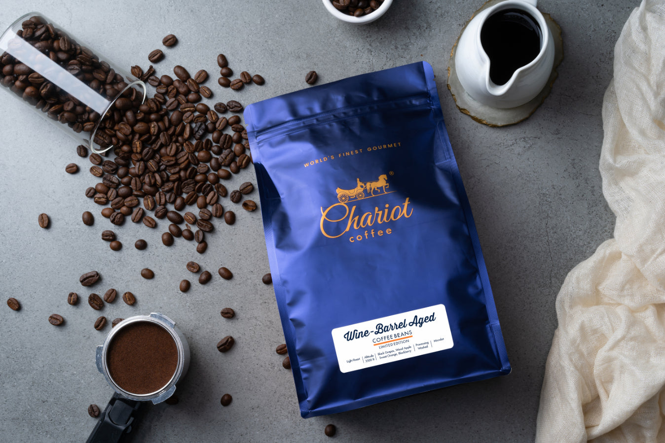 Wine Barrel Aged Medium Roast Coffee Beans (Sweet Orange, wood Apple, Black Grapes, Blackberry Jam)