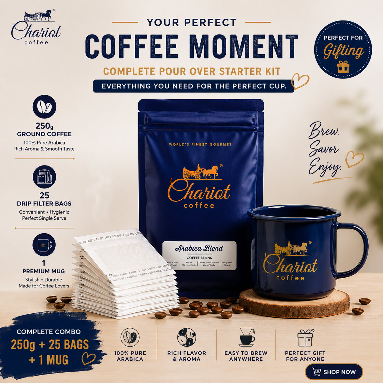 Chariot Coffee Hot Pour Over Starter Kit – 250g Premium Arabica Ground Coffee + 25 Disposable Drip Coffee Filter Bags + Premium Steel Blue Mug 400ml