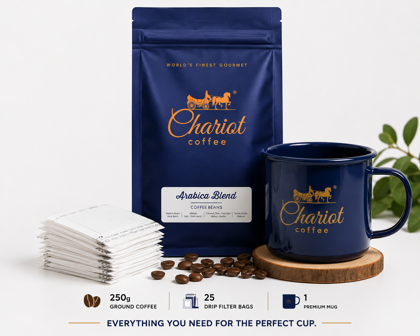 Chariot Coffee Hot Pour Over Starter Kit – 250g Premium Arabica Ground Coffee + 25 Disposable Drip Coffee Filter Bags + Premium Steel Blue Mug 400ml