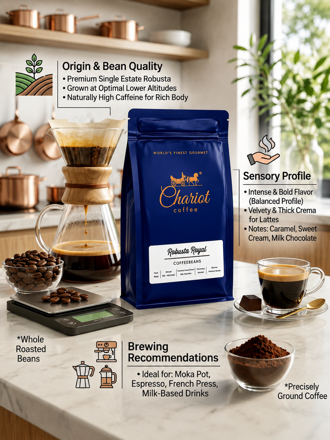Robusta Royal Coffee Beans | 100% Premium Robusta | Dark Roast | Caramel, Sweet Cream & Milk Chocolate Notes | Washed Coffee